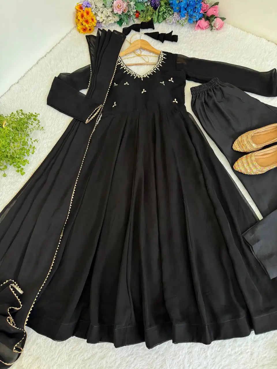 Embroidered Georgette Gown Set with Dupatta and Bottom