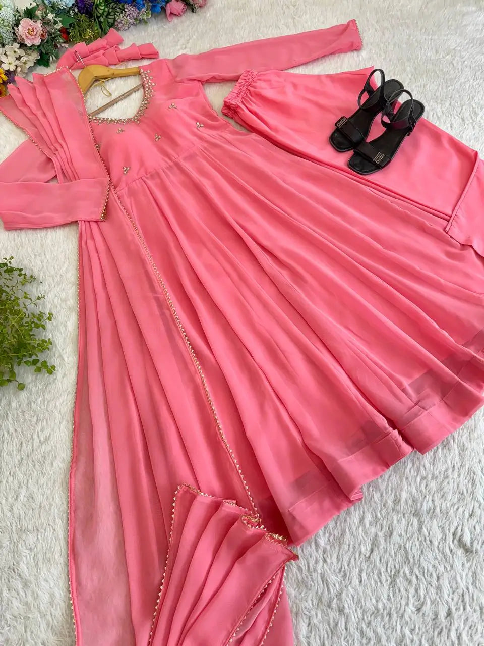 Embroidered Georgette Gown Set with Dupatta and Bottom