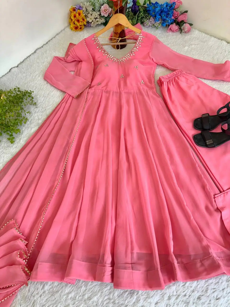 Embroidered Georgette Gown Set with Dupatta and Bottom