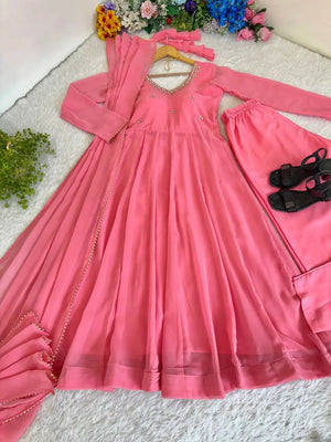 Embroidered Georgette Gown Set with Dupatta and Bottom