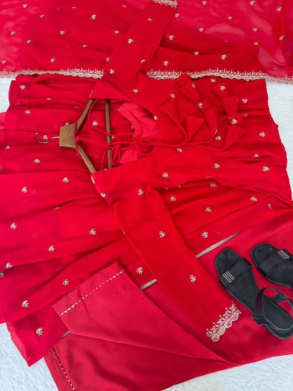 Embroidered Georgette Gown Set with Dupatta and Pant