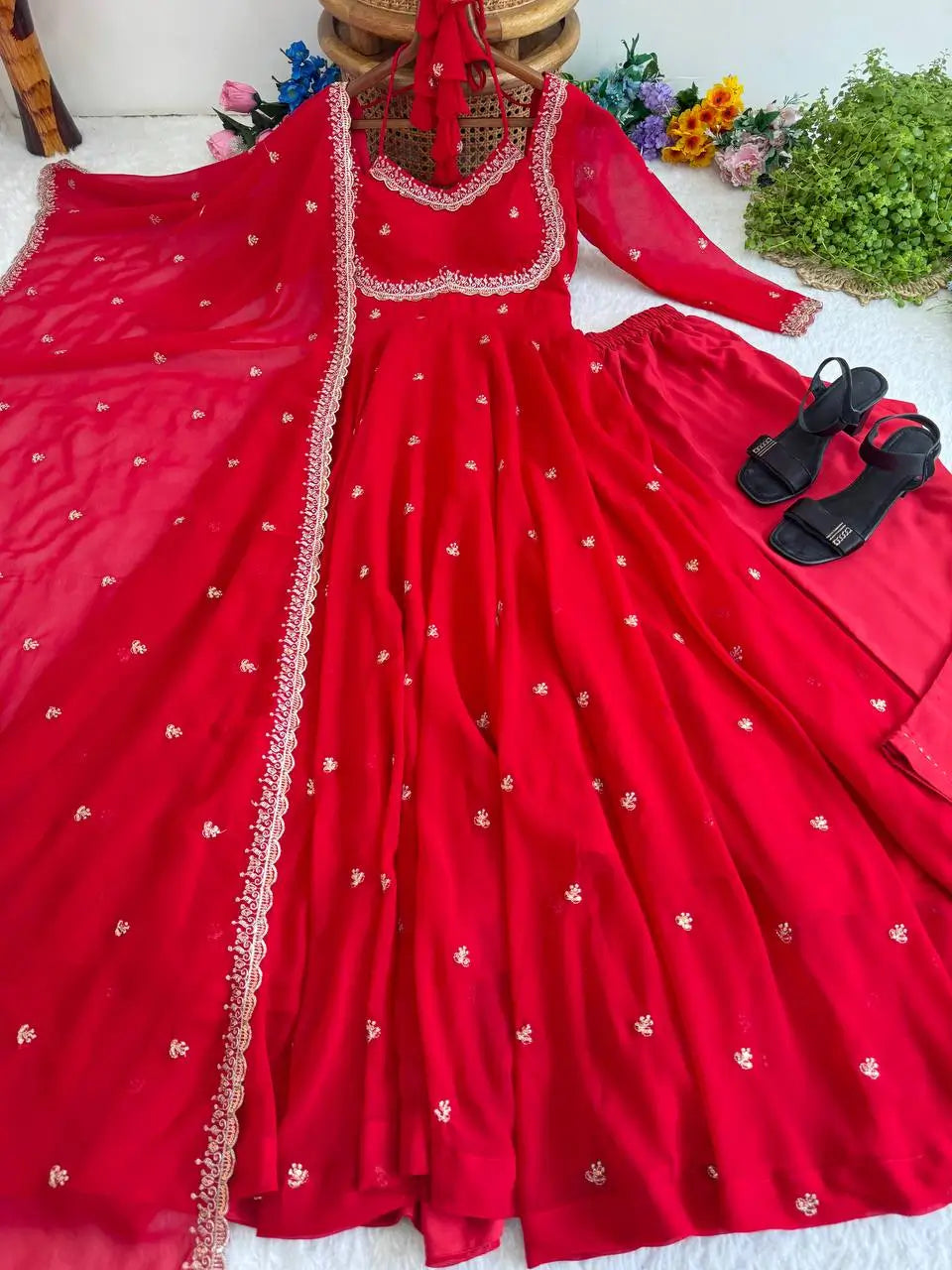 Embroidered Georgette Gown Set with Dupatta and Pant