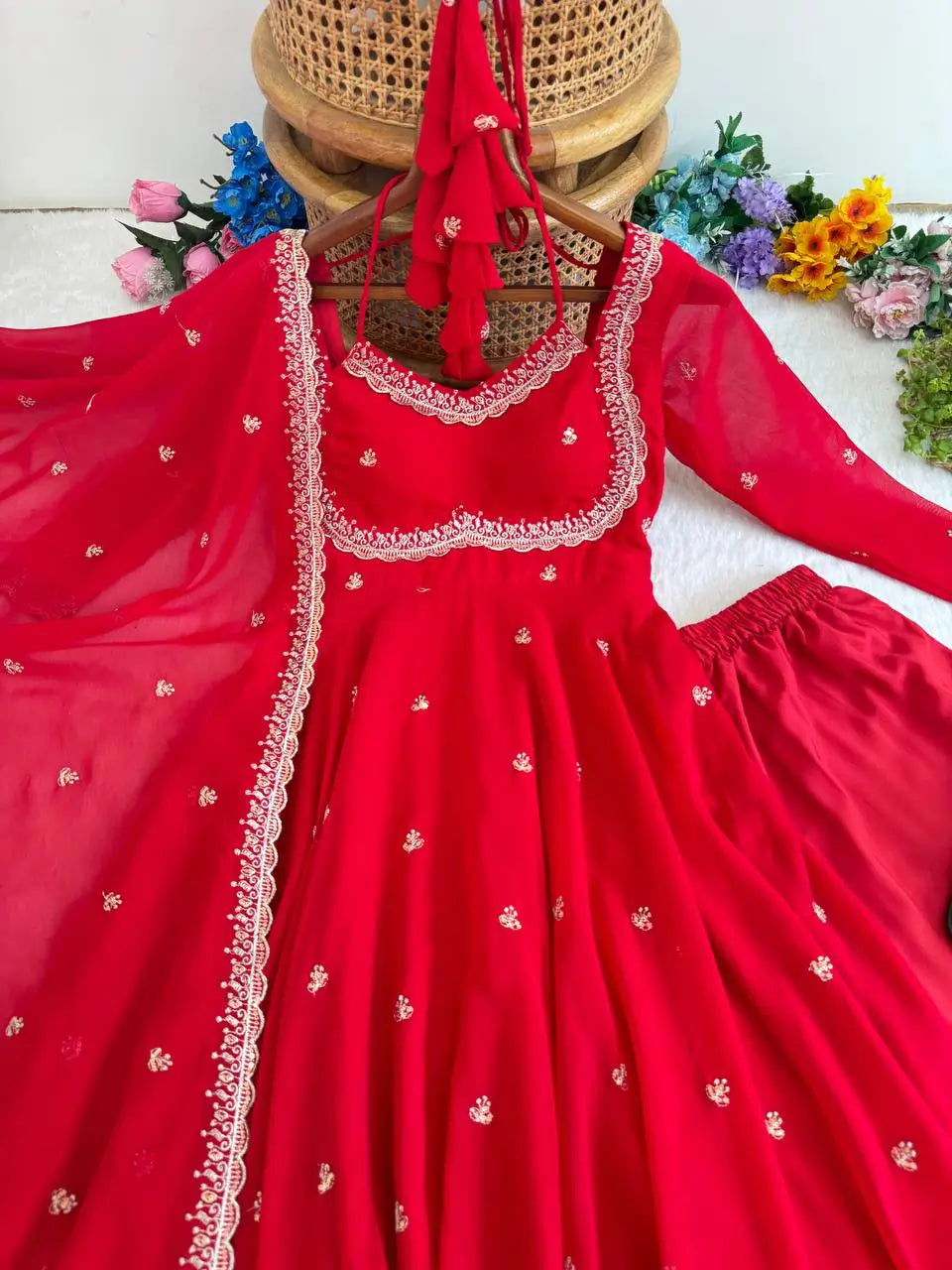 Embroidered Georgette Gown Set with Dupatta and Pant