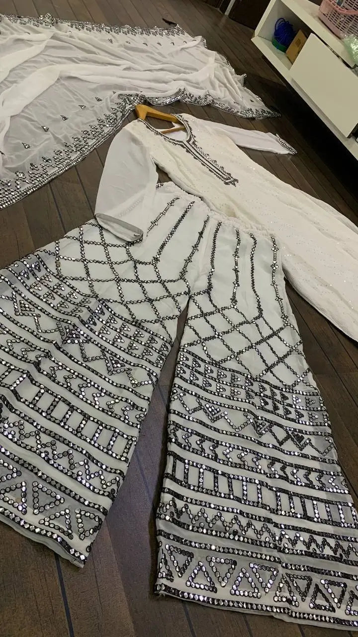 Embroidered Georgette Kurta Palazzo Set with Dupatta for Festive and Party Wear