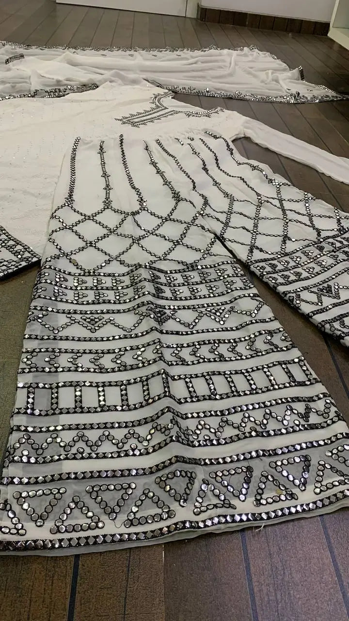 Embroidered Georgette Kurta Palazzo Set with Dupatta for Festive and Party Wear