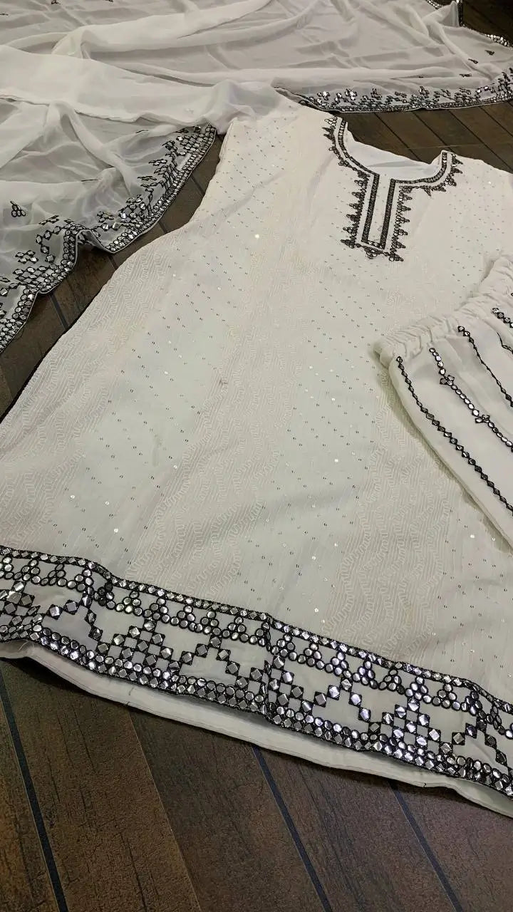 Embroidered Georgette Kurta Palazzo Set with Dupatta for Festive and Party Wear