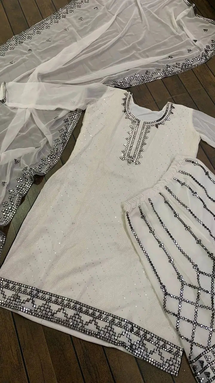 Embroidered Georgette Kurta Palazzo Set with Dupatta for Festive and Party Wear