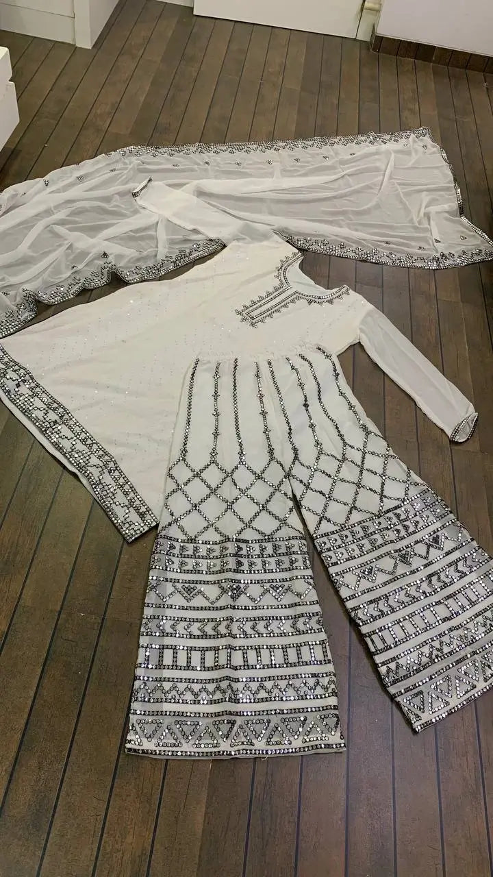 Embroidered Georgette Kurta Palazzo Set with Dupatta for Festive and Party Wear