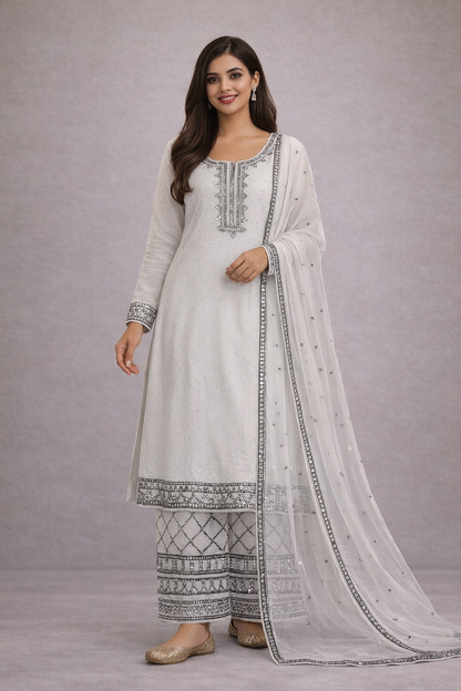 Embroidered Georgette Kurta Palazzo Set with Dupatta for Festive and Party Wear