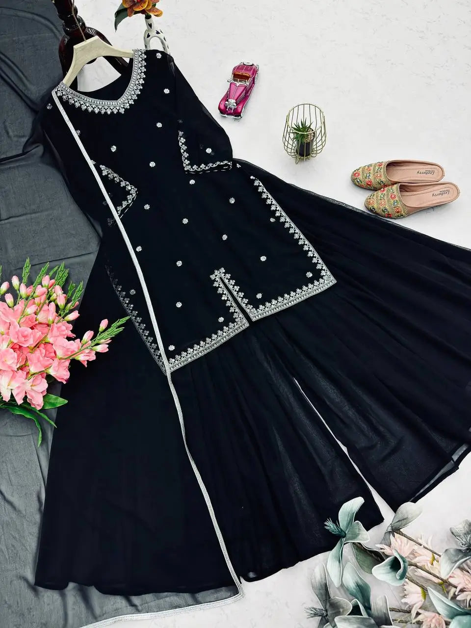 Embroidered Georgette Kurta Palazzo Set with Organza Dupatta for Festive and Party Wear
