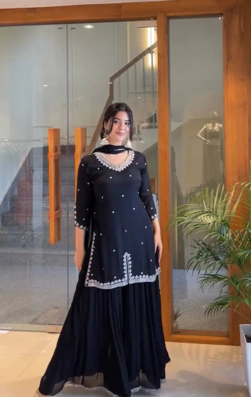 Embroidered Georgette Kurta Palazzo Set with Organza Dupatta for Festive and Party Wear