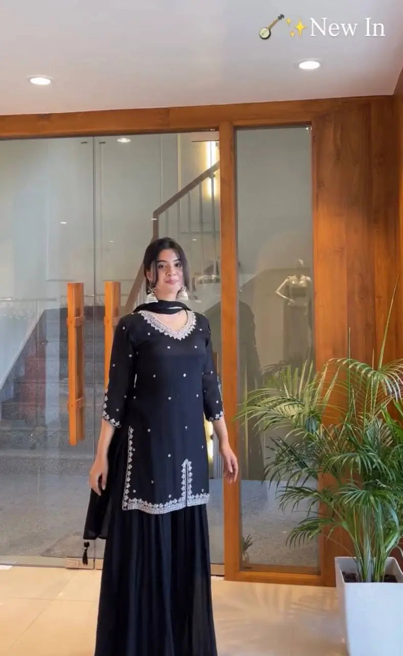 Embroidered Georgette Kurta Palazzo Set with Organza Dupatta for Festive and Party Wear
