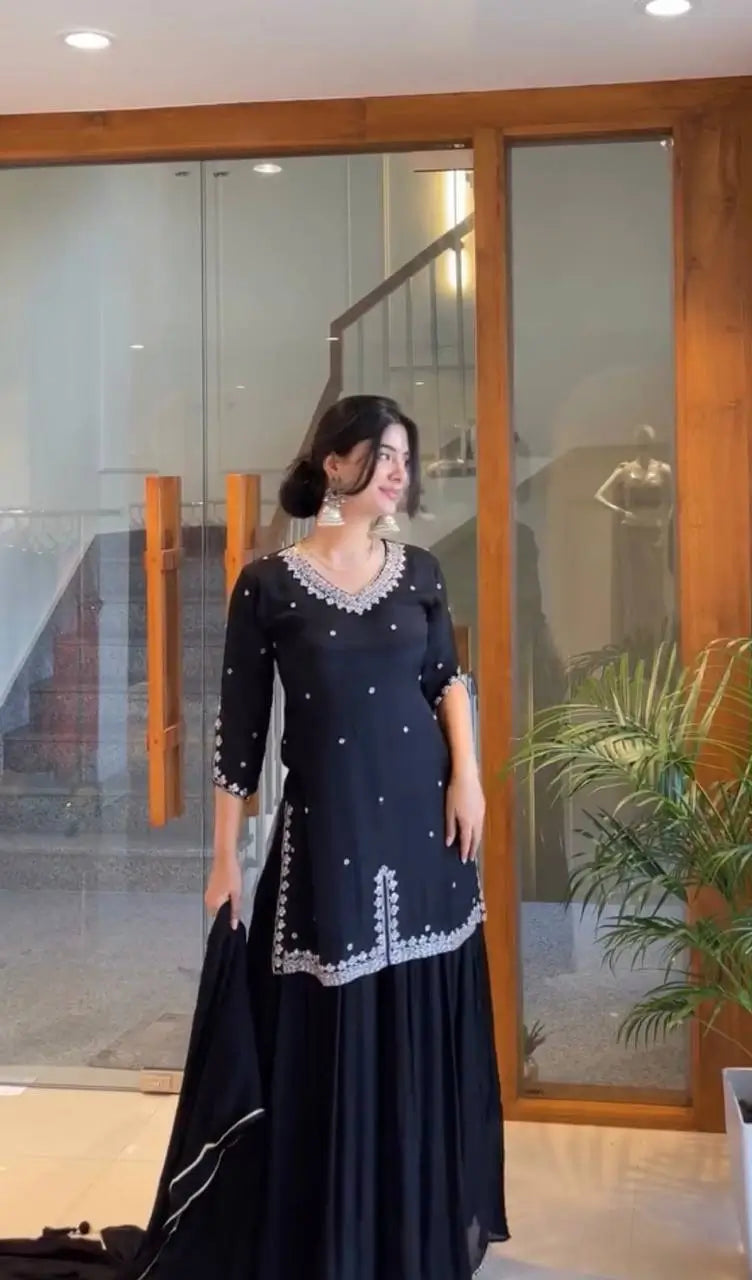 Embroidered Georgette Kurta Palazzo Set with Organza Dupatta for Festive and Party Wear