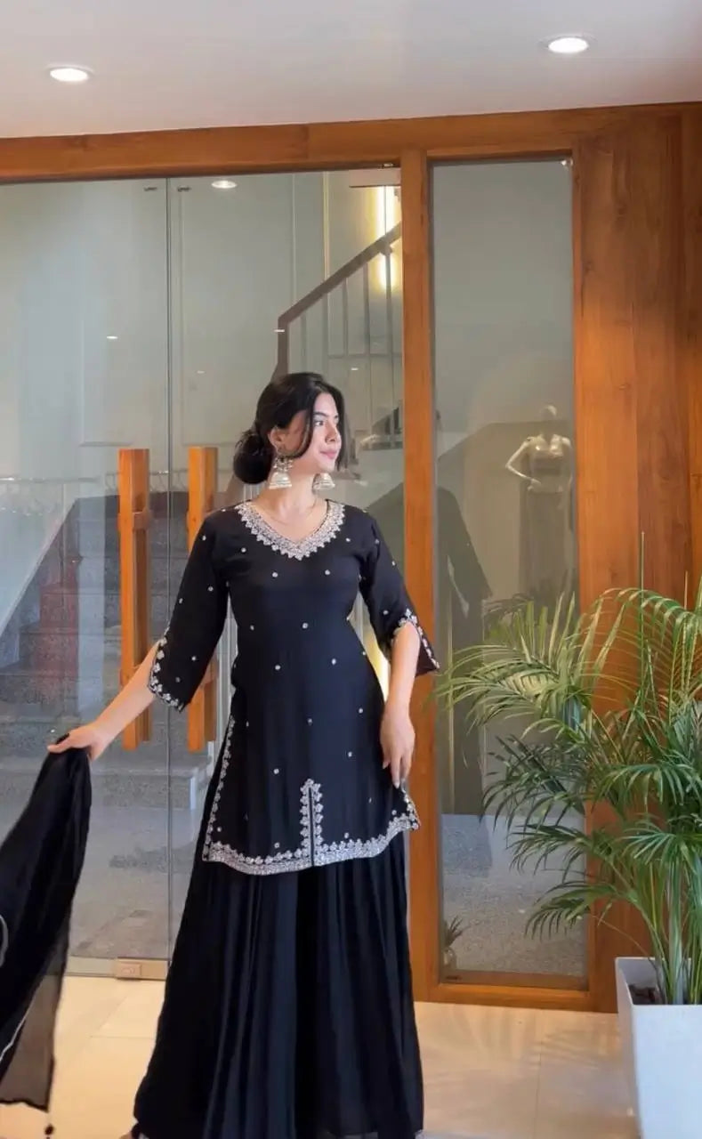 Embroidered Georgette Kurta Palazzo Set with Organza Dupatta for Festive and Party Wear