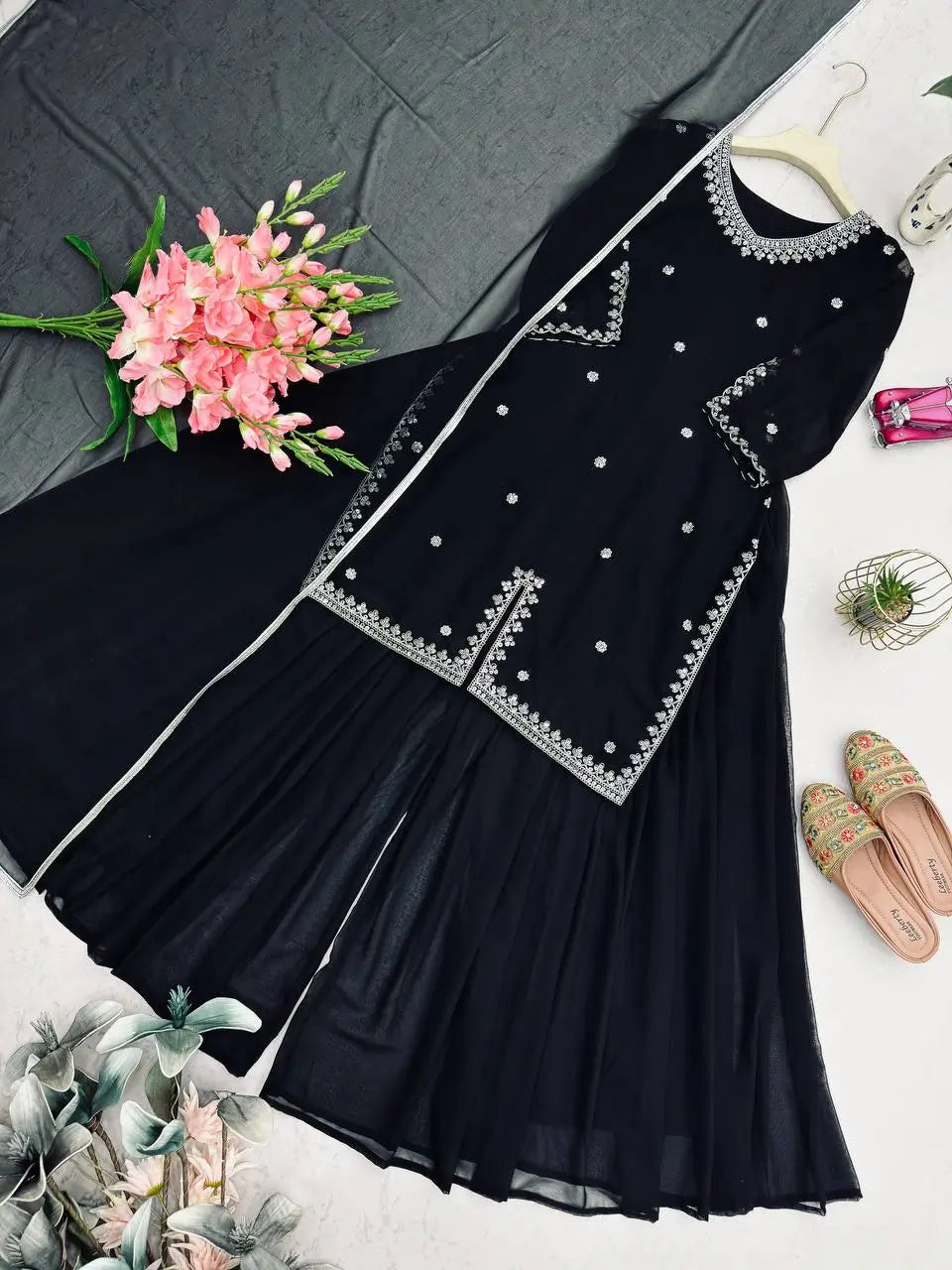 Embroidered Georgette Kurta Palazzo Set with Organza Dupatta for Festive and Party Wear
