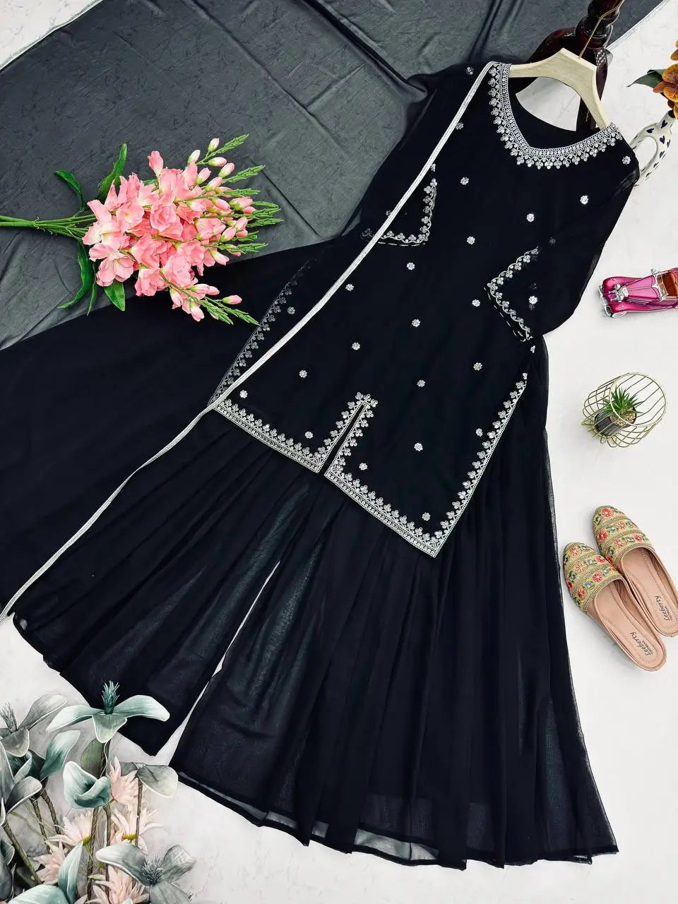 Embroidered Georgette Kurta Palazzo Set with Organza Dupatta for Festive and Party Wear