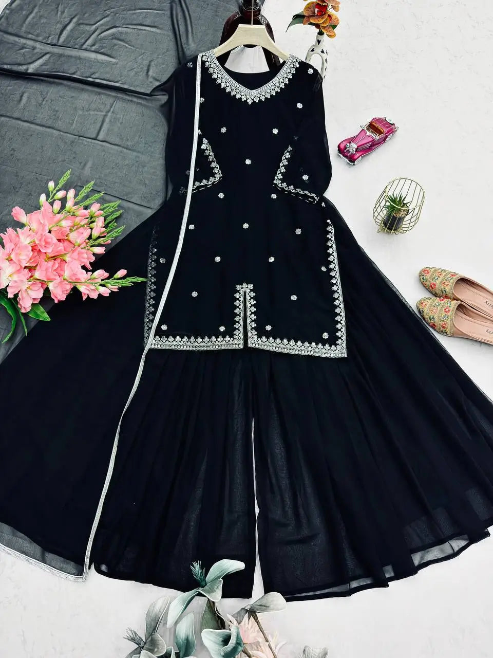 Embroidered Georgette Kurta Palazzo Set with Organza Dupatta for Festive and Party Wear