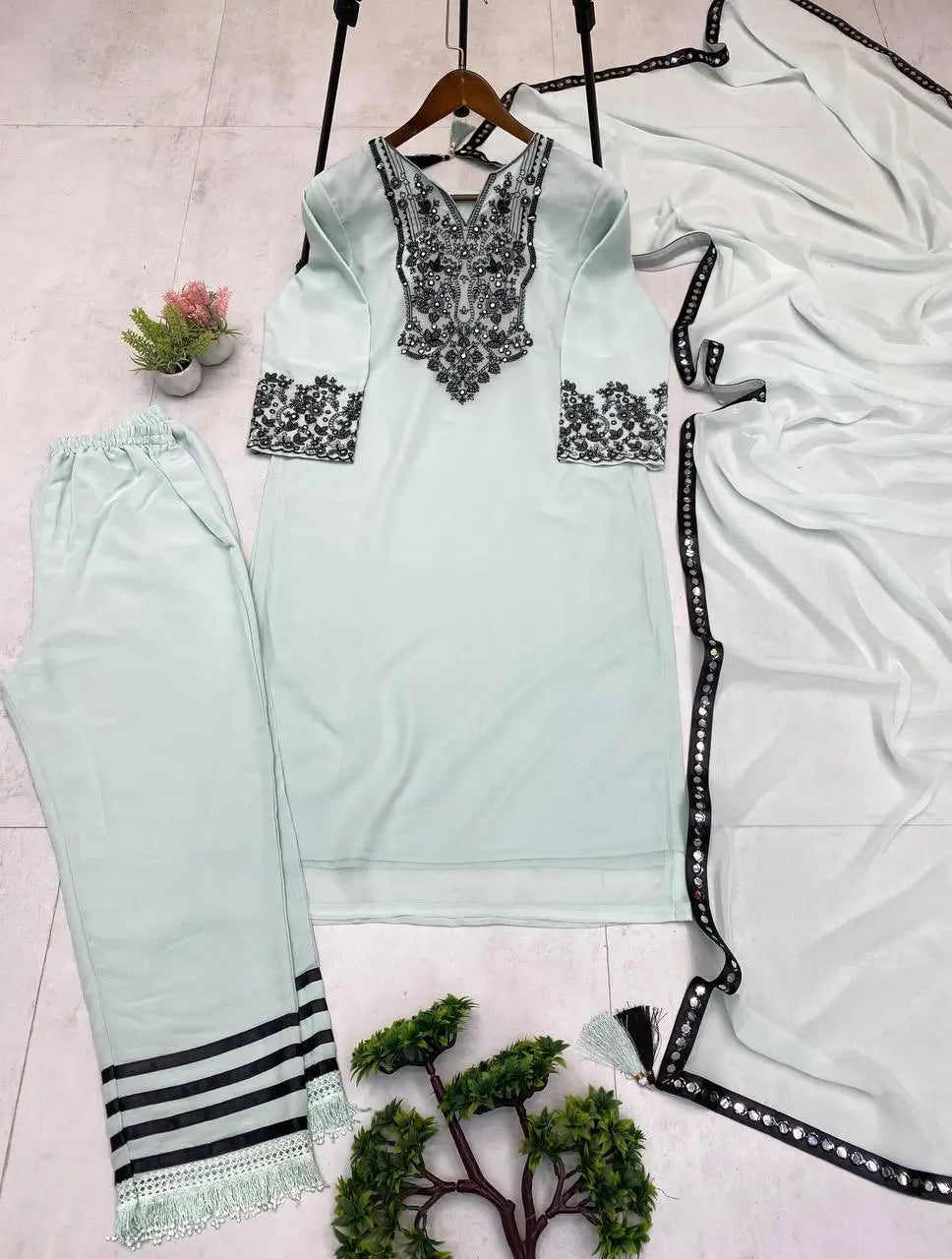 Embroidered Georgette Kurta Pant Set for Festive and Occasion Wear