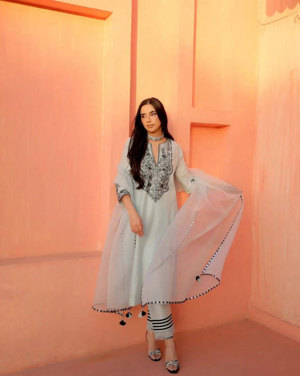 Embroidered Georgette Kurta Pant Set for Festive and Occasion Wear