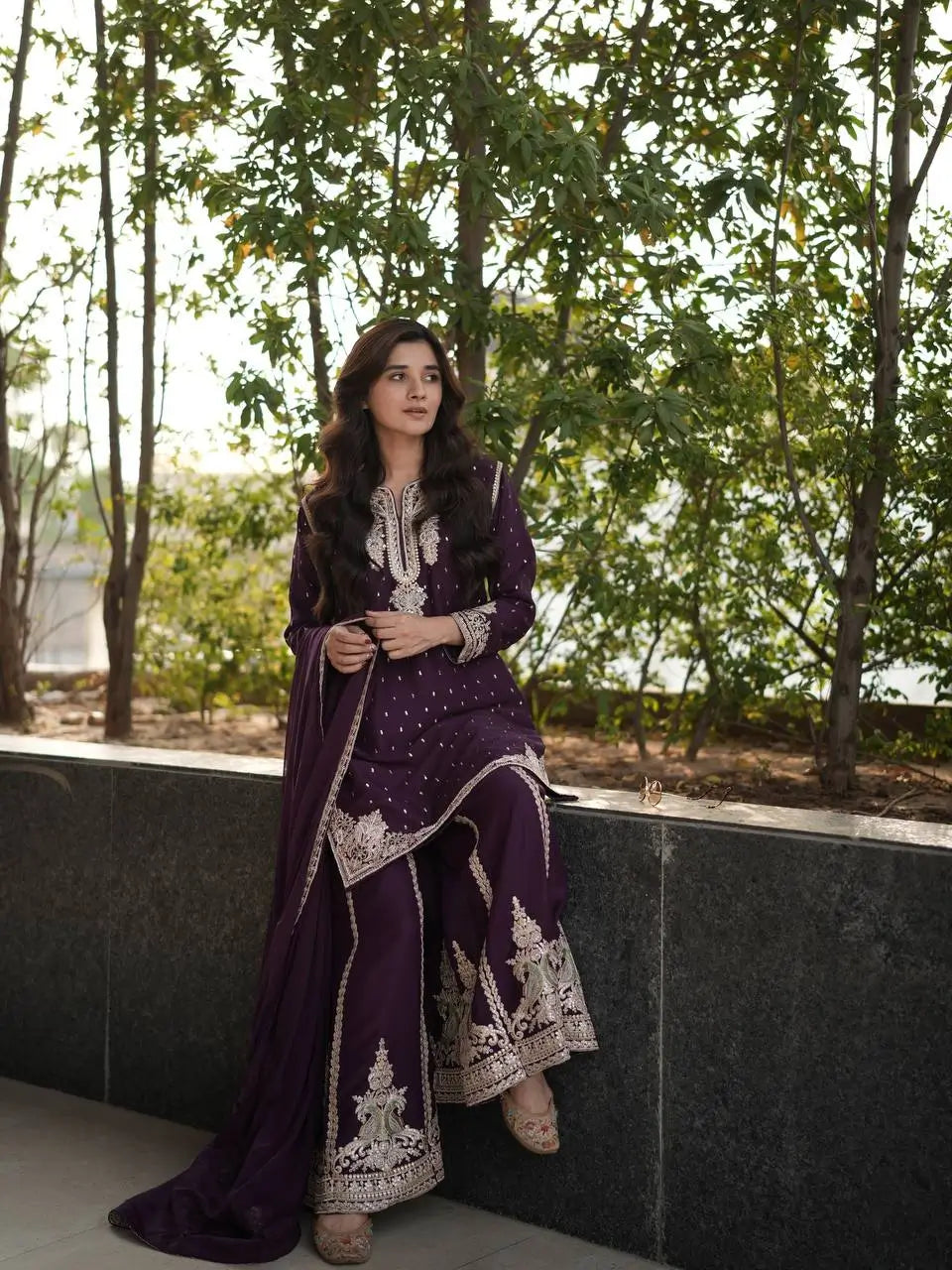 Embroidered Georgette Kurta with Plazo and Dupatta