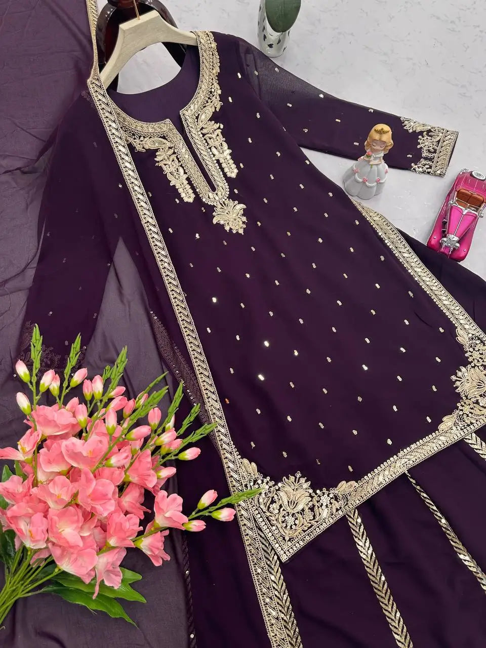 Embroidered Georgette Kurta with Plazo and Dupatta