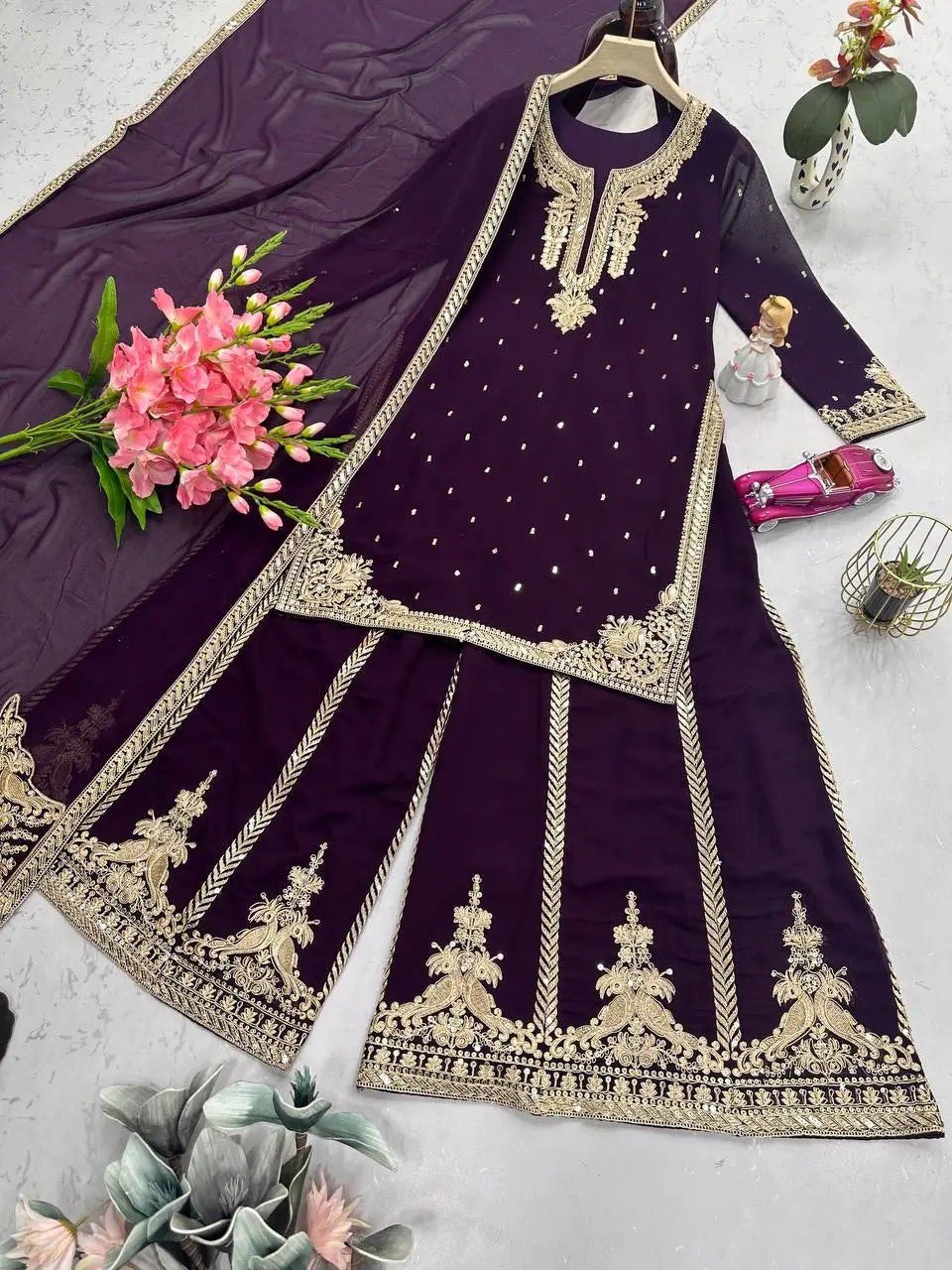 Embroidered Georgette Kurta with Plazo and Dupatta