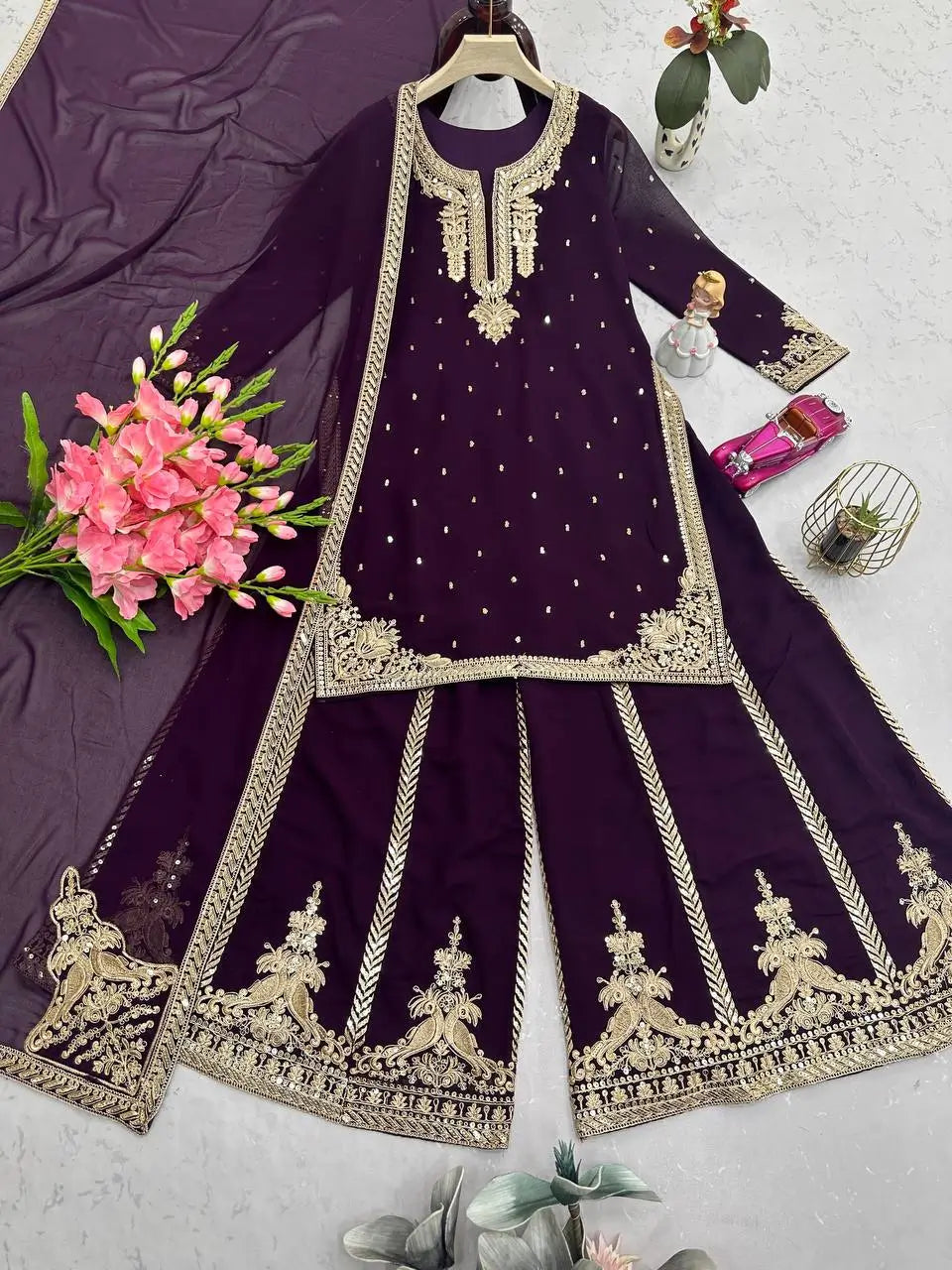 Embroidered Georgette Kurta with Plazo and Dupatta