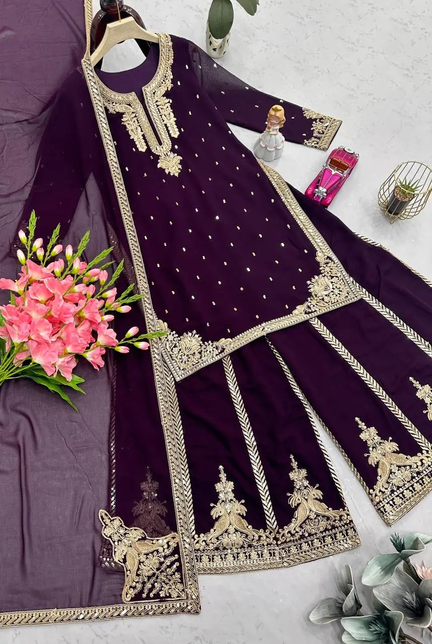 Embroidered Georgette Kurta with Plazo and Dupatta