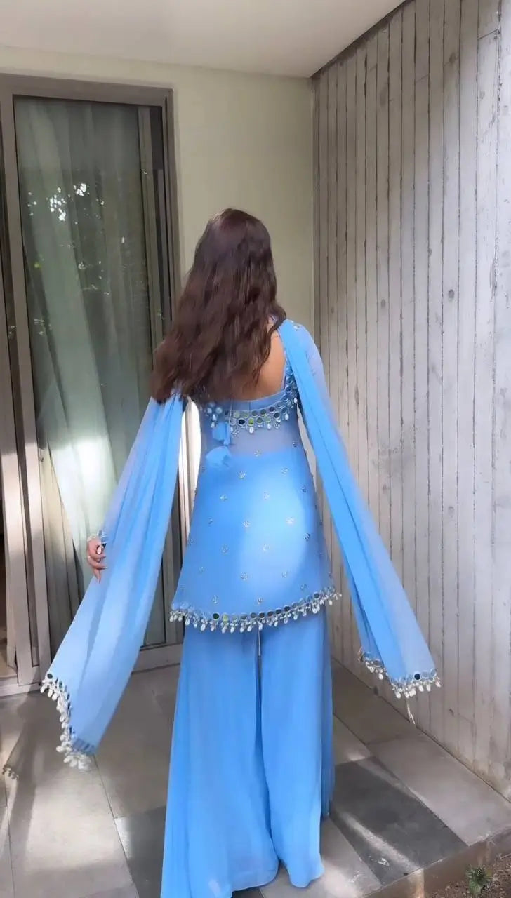 Embroidered Georgette Mirror Work Plazzo Set