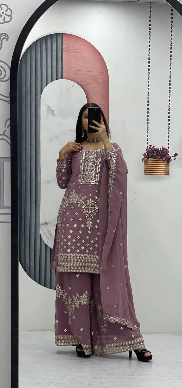 Embroidered Georgette Palazzo Suit Set