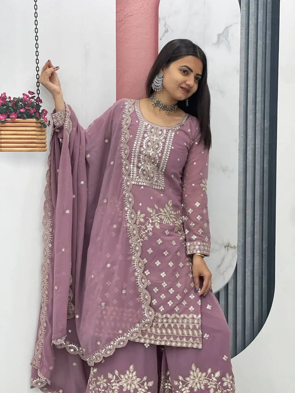 Embroidered Georgette Palazzo Suit Set