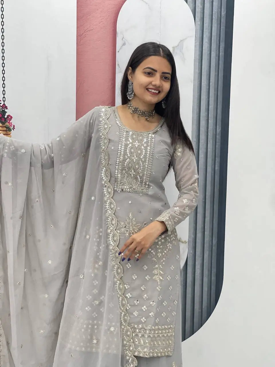 Embroidered Georgette Palazzo Suit Set