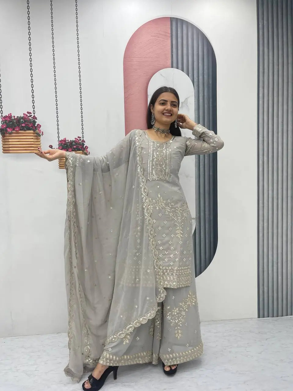 Embroidered Georgette Palazzo Suit Set