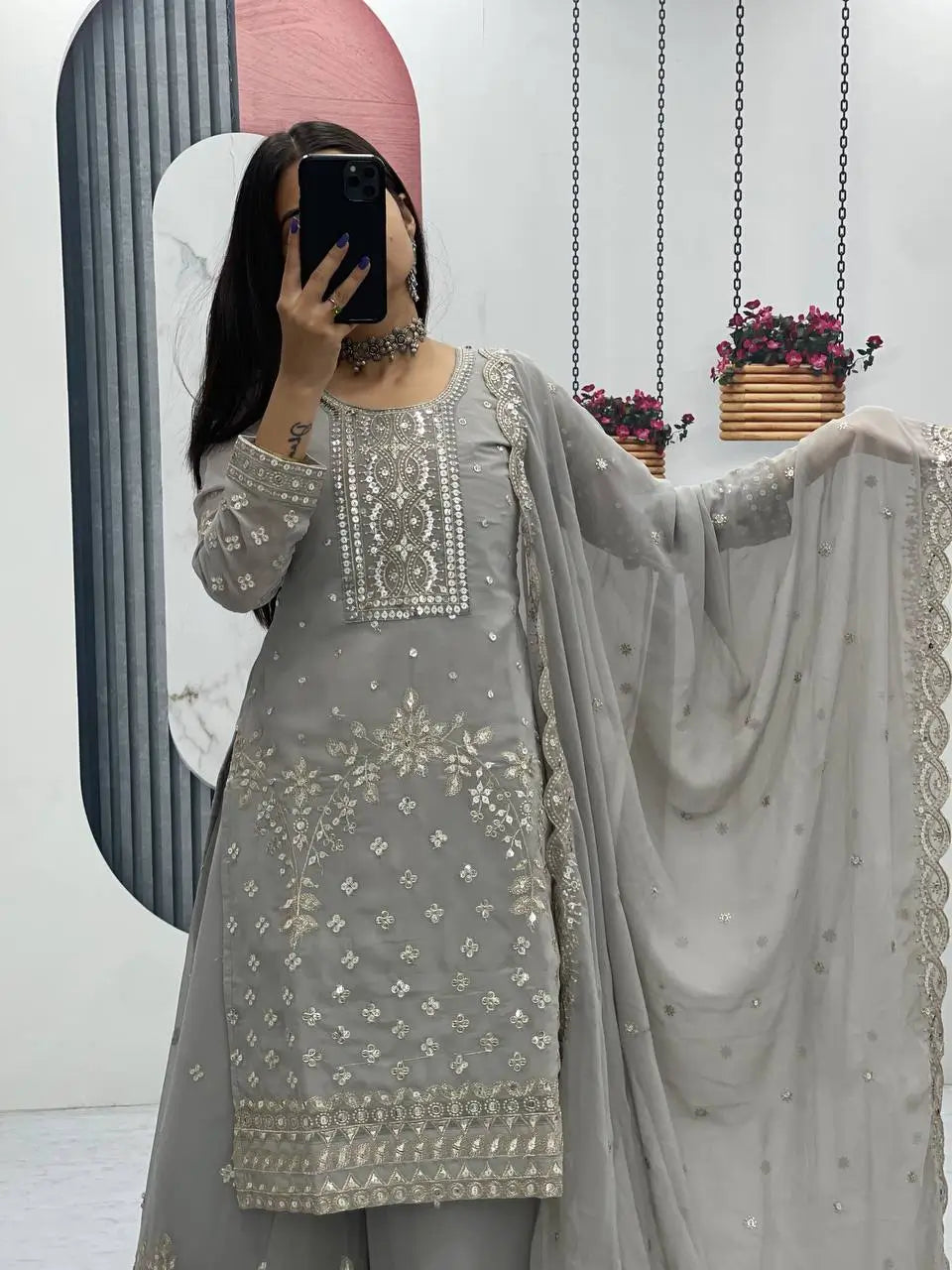 Embroidered Georgette Palazzo Suit Set