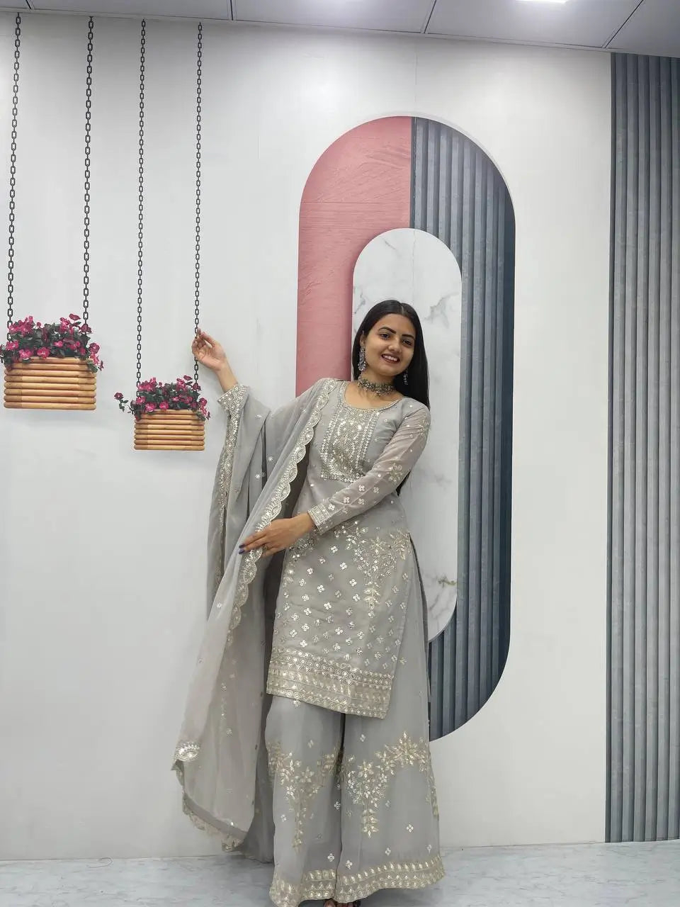 Embroidered Georgette Palazzo Suit Set