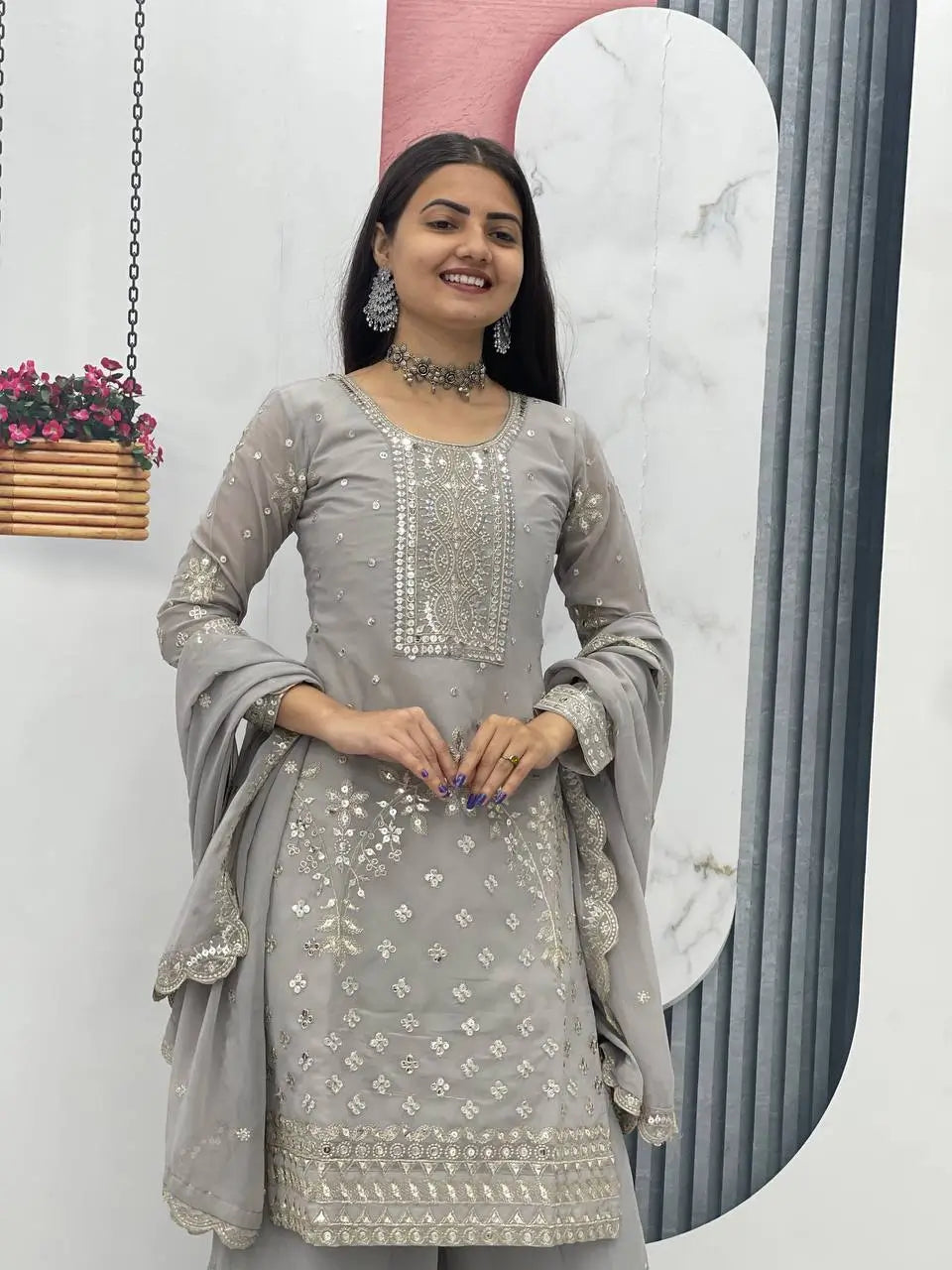 Embroidered Georgette Palazzo Suit Set