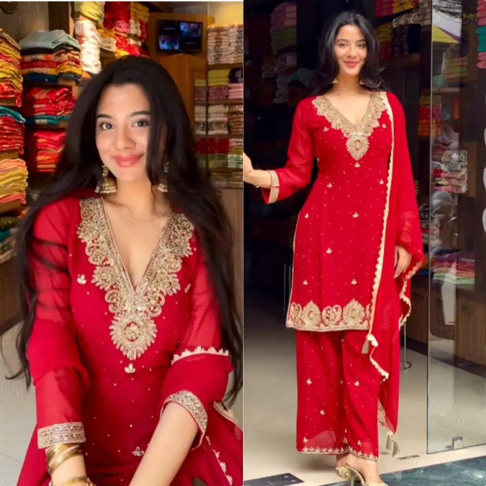 Embroidered Georgette Palazzo Suit Set