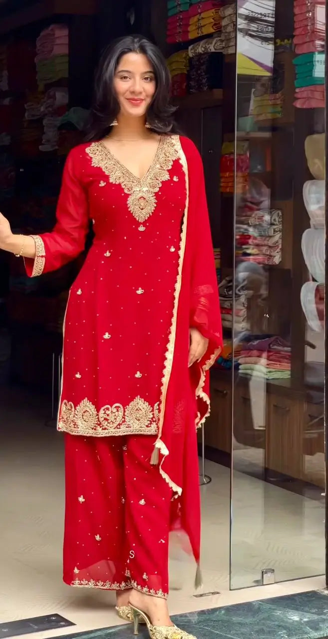 Embroidered Georgette Palazzo Suit Set