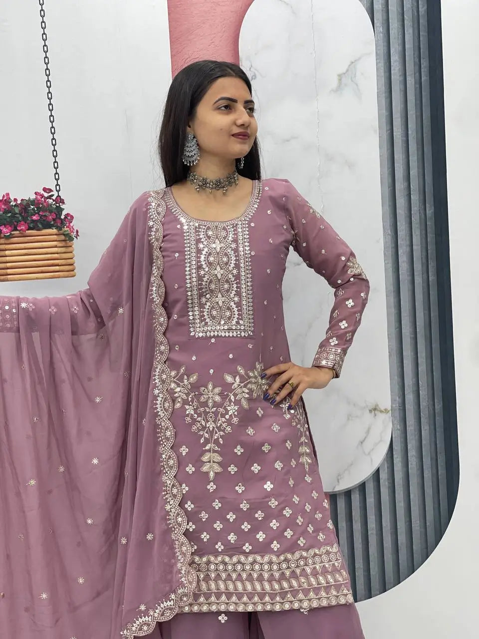 Embroidered Georgette Palazzo Suit Set