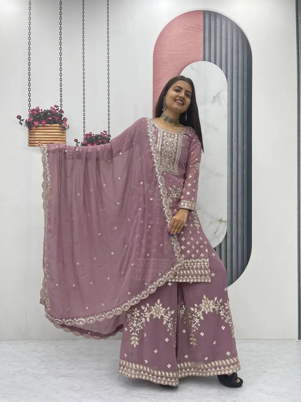 Embroidered Georgette Palazzo Suit Set