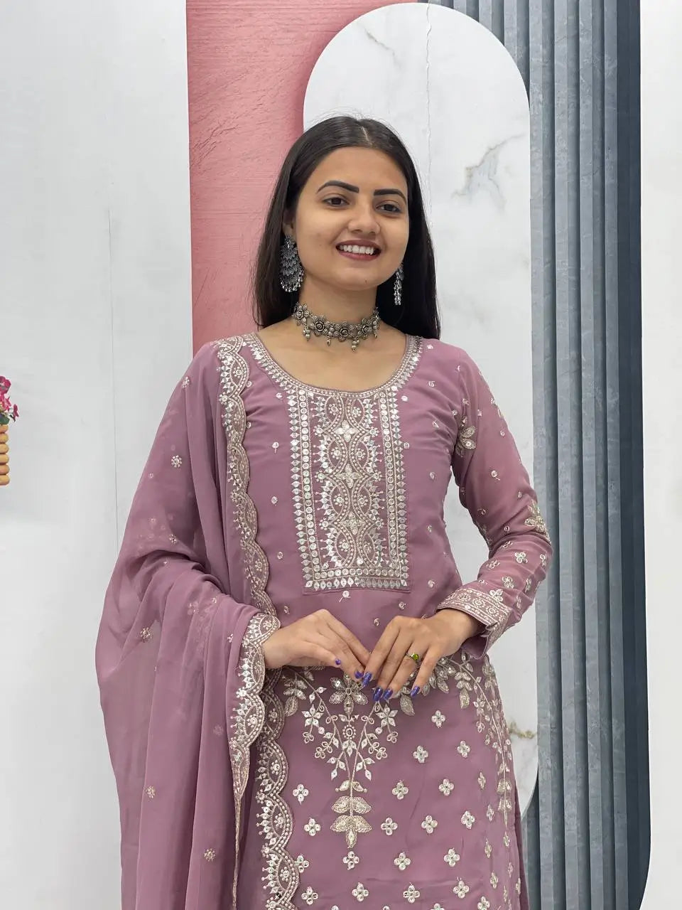 Embroidered Georgette Palazzo Suit Set