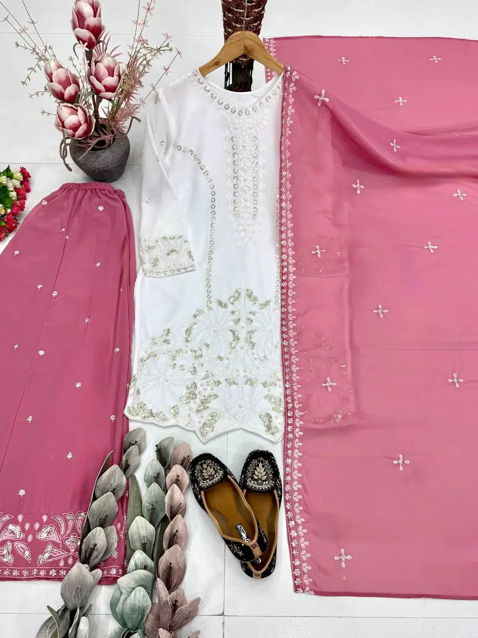 Embroidered Georgette Palazzo Suit for Festive and Wedding Occasions