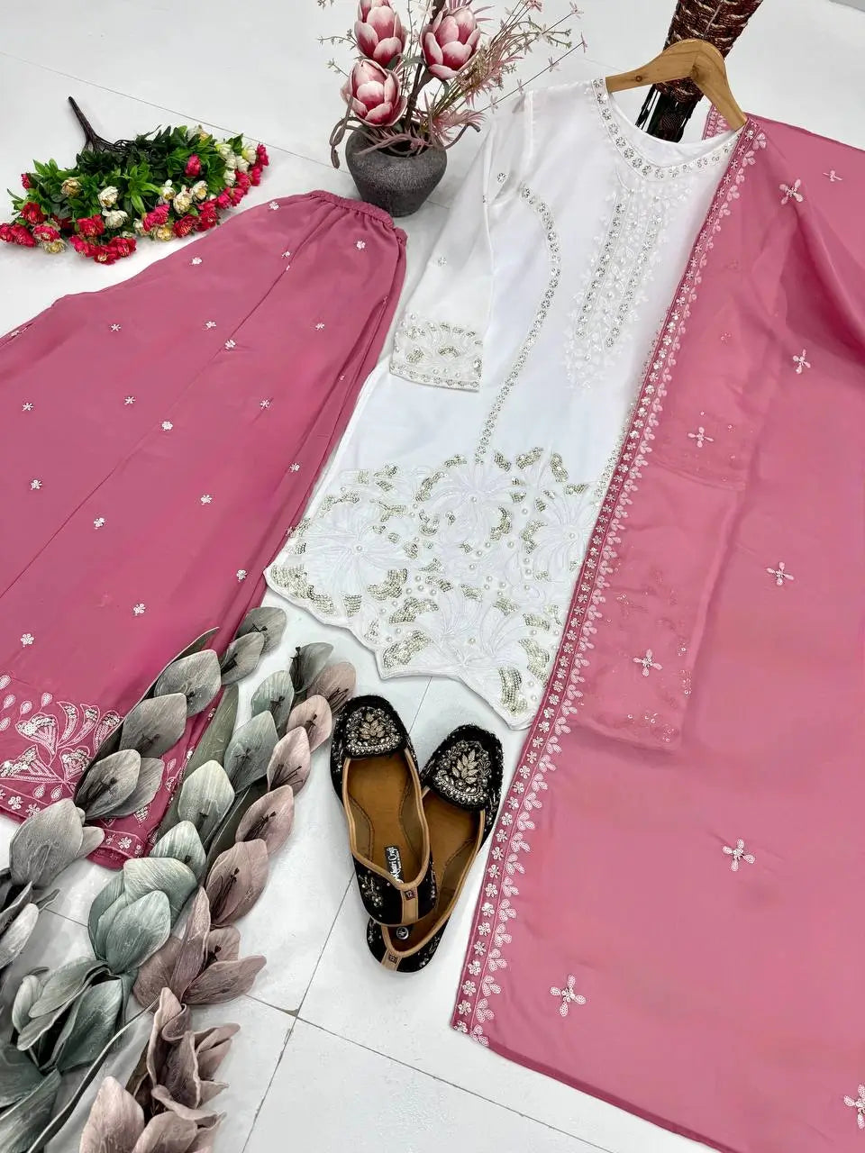 Embroidered Georgette Palazzo Suit for Festive and Wedding Occasions