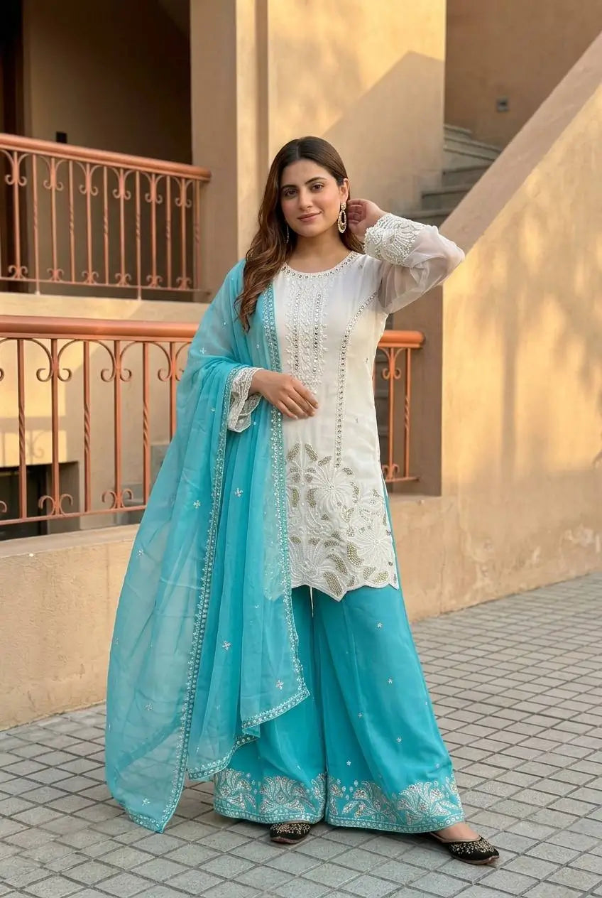 Embroidered Georgette Palazzo Suit for Festive and Wedding Occasions