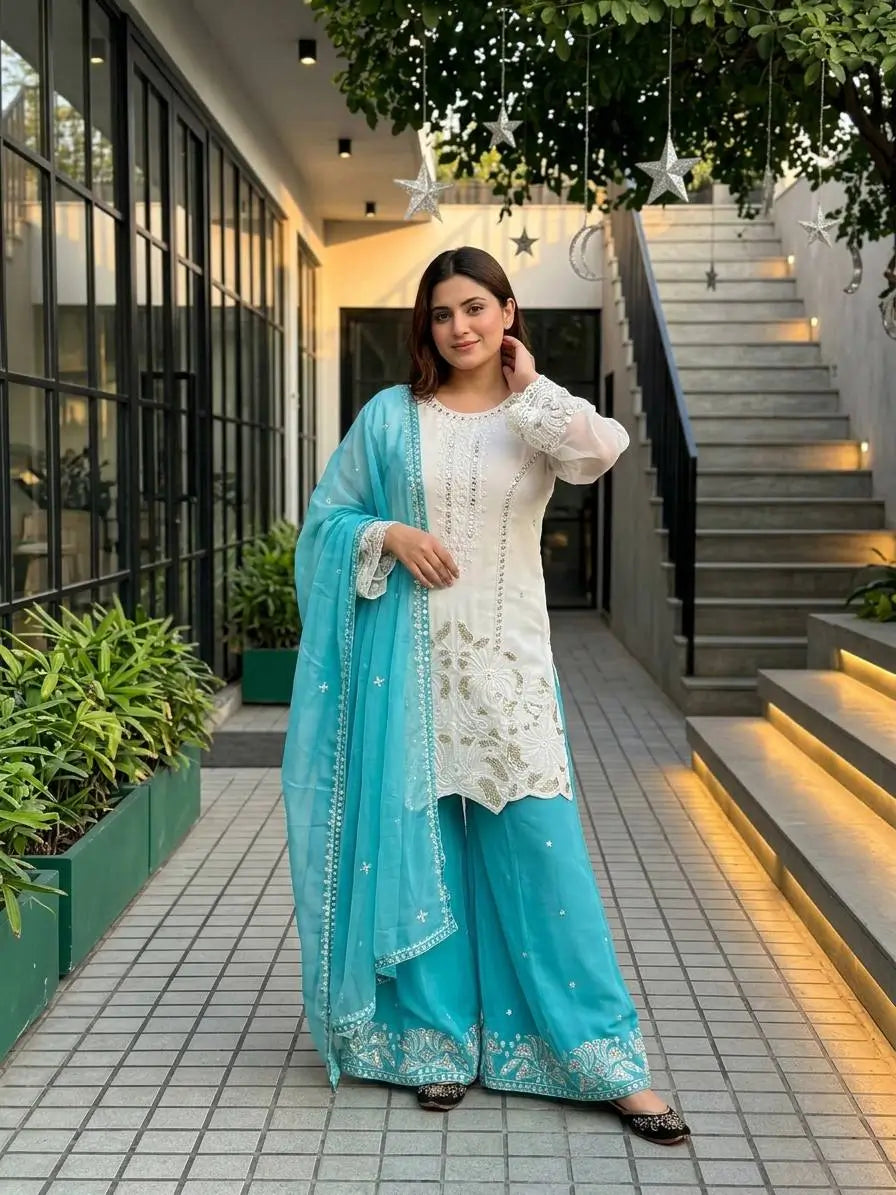 Embroidered Georgette Palazzo Suit for Festive and Wedding Occasions