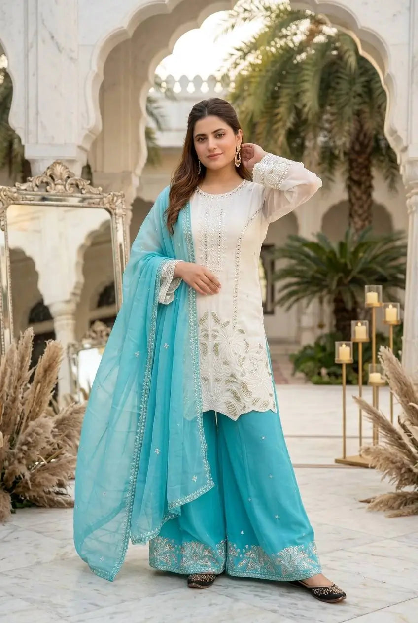 Embroidered Georgette Palazzo Suit for Festive and Wedding Occasions