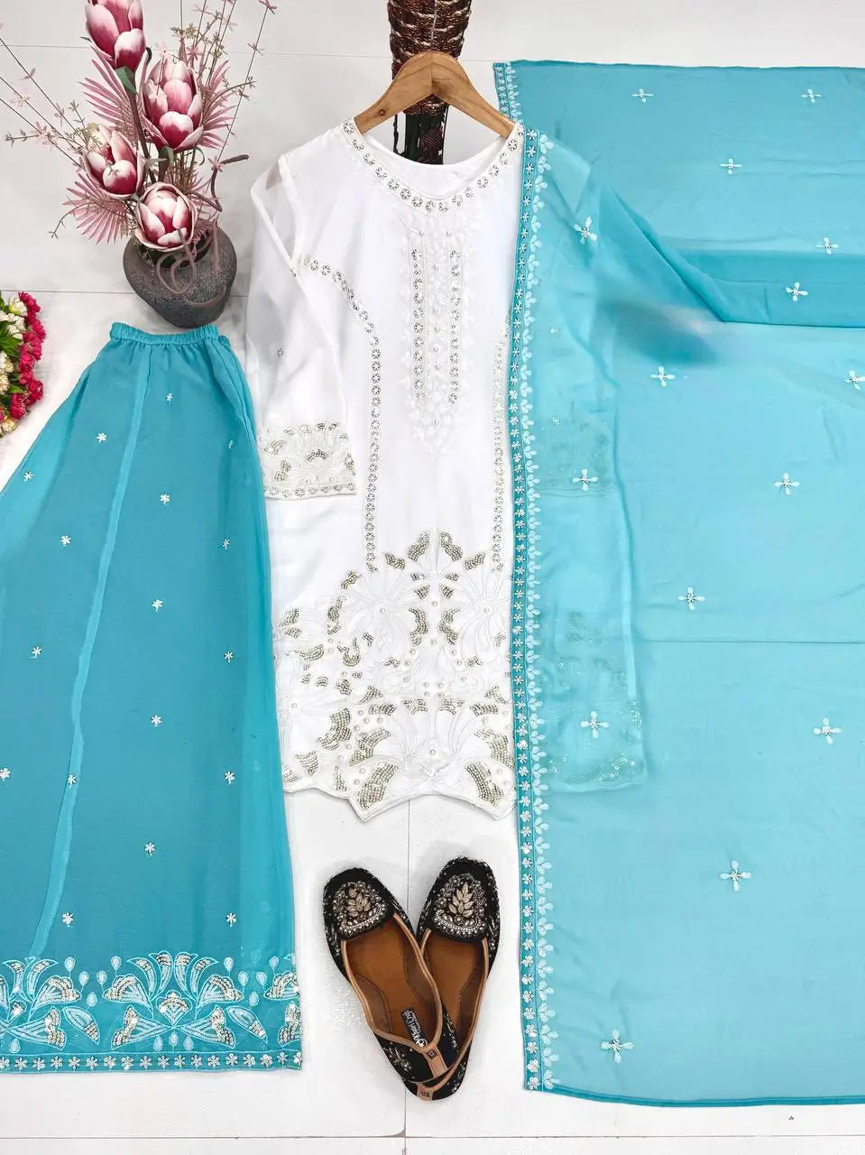 Embroidered Georgette Palazzo Suit for Festive and Wedding Occasions