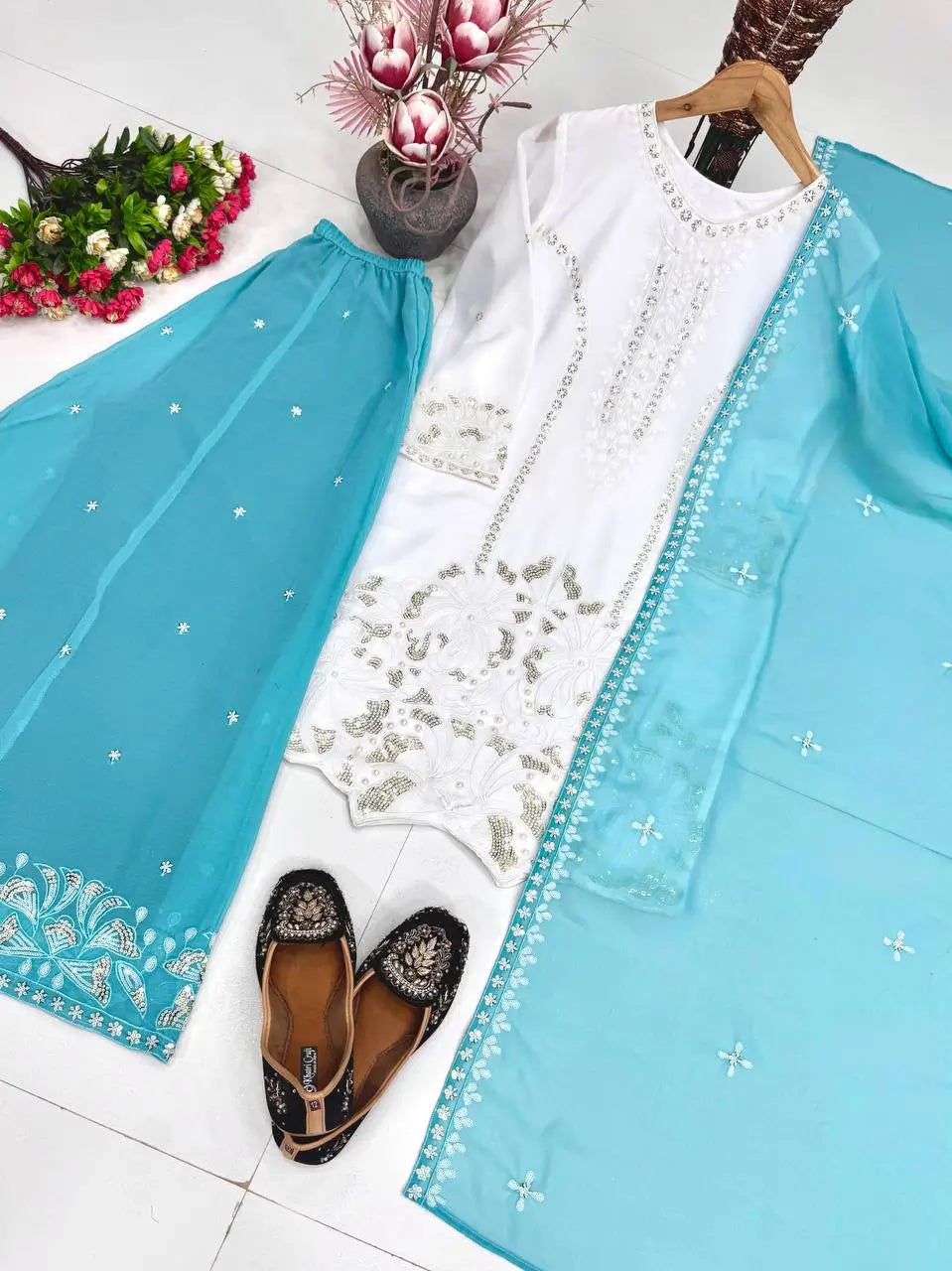 Embroidered Georgette Palazzo Suit for Festive and Wedding Occasions