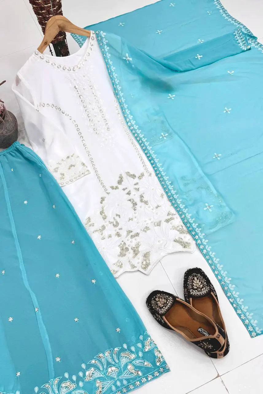 Embroidered Georgette Palazzo Suit for Festive and Wedding Occasions
