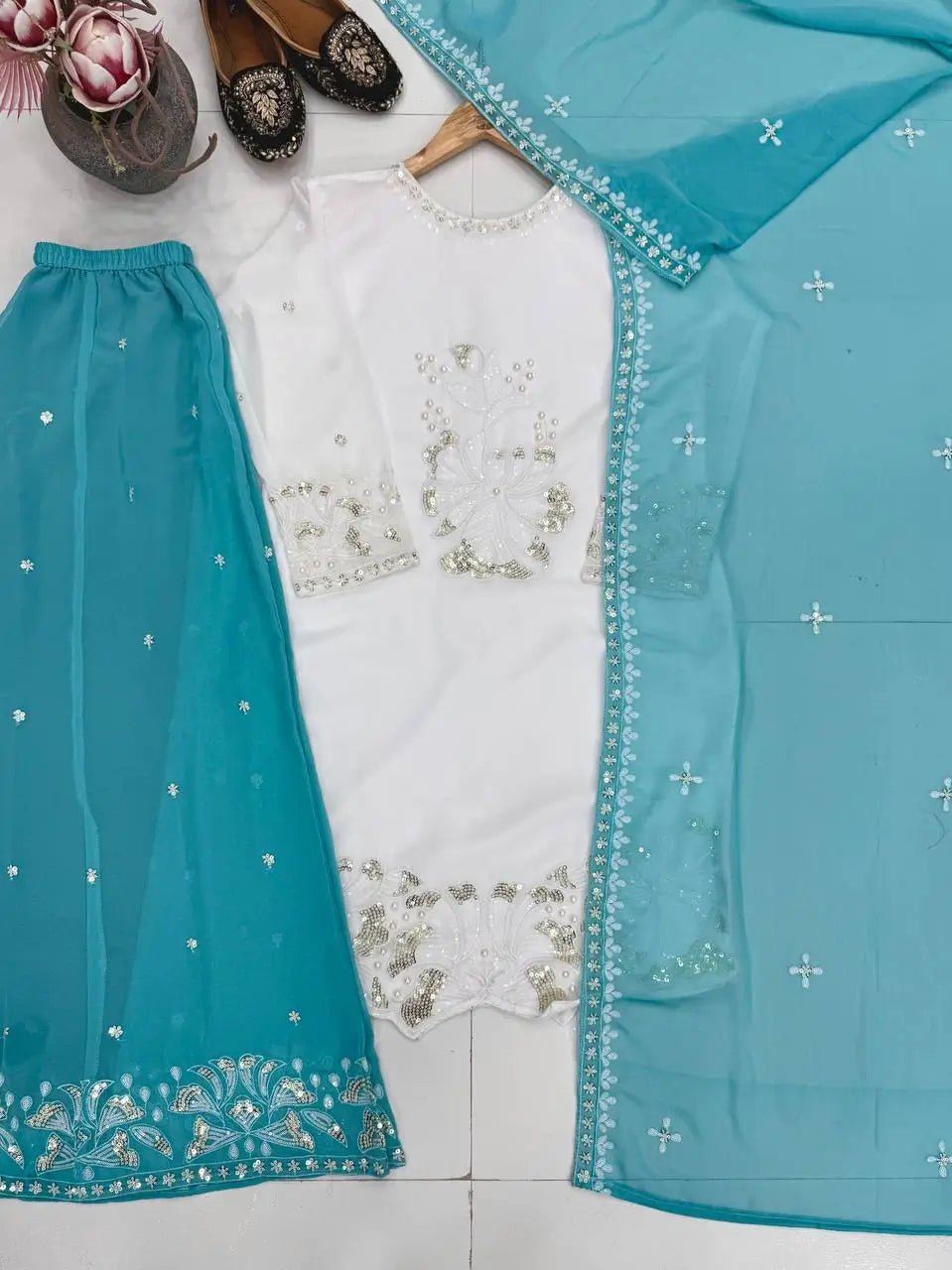 Embroidered Georgette Palazzo Suit for Festive and Wedding Occasions